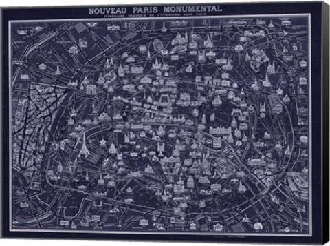 Framed 1920 Pocket Map of Paris Blueprint style Print