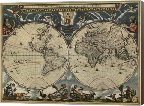 Framed Map of the World by Blaeu 1684 Print