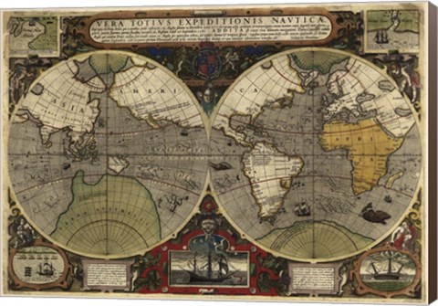 Framed Hondius map of the World 1595 Print