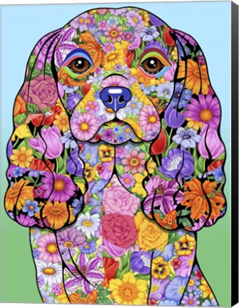 Framed Flowers Cavalier King Chas Print