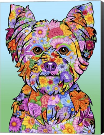 Framed Flowers Yorkie Puppycut Print