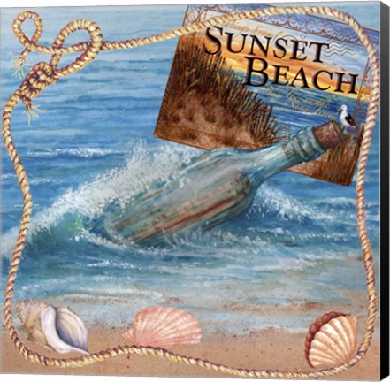 Framed Message In Bottle-Sunset Beach Print
