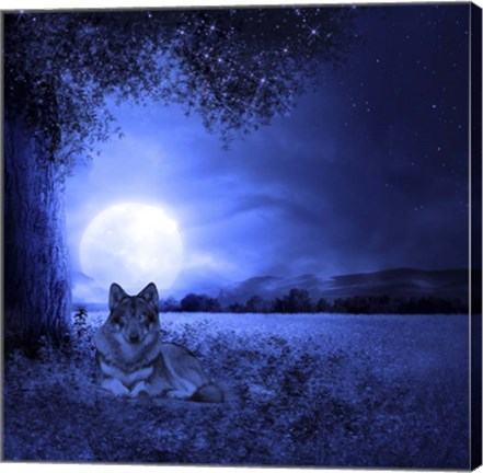 Framed Moon Night And Wolf Print