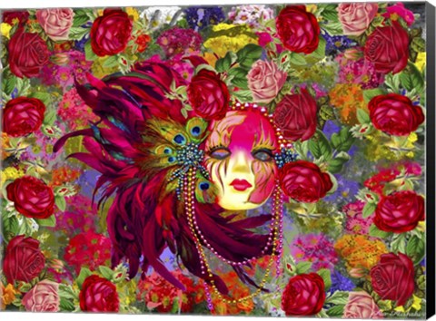 Framed Mask And Red Flowers Print