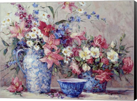 Framed Flowers and Blue Porcelain Print