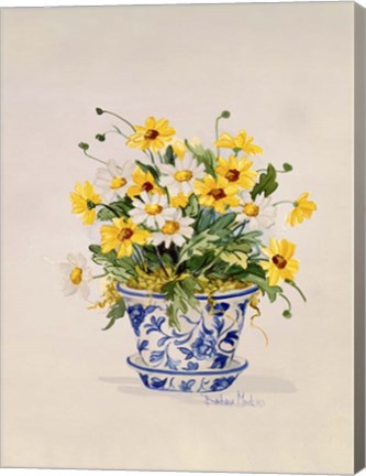 Framed Blue and White Porcelain Daisies Print