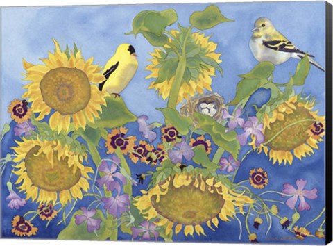 Framed Goldfinches With Sunflowers Print