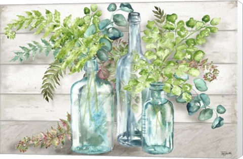 Framed Vintage Bottles and Ferns Landscape Print