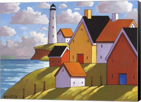 Framed Lighthouse Cottage Hillside View Print