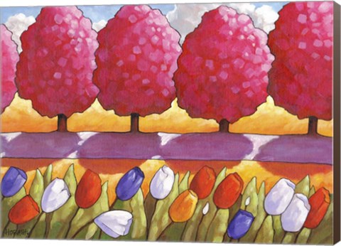 Framed Pink Trees Path &amp; Tulips Print