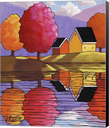 Framed Purple Mountains Colorful Trees &amp; Cottages Print