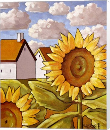 Framed Sunflower &amp; Cottages Scenic View Print