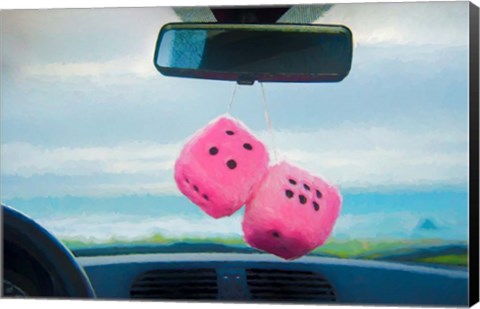 Framed Furry Dice Hanging in a Car Print