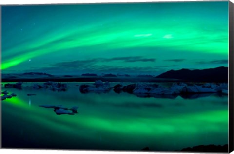 Framed Aurora Borealis or Northern Lights over Jokulsarlon Lagoon, Iceland Print