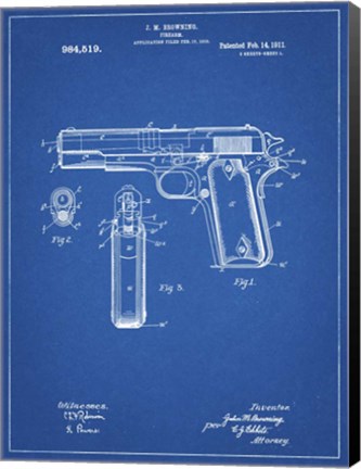 Framed Blueprint Colt 1911 Semi-Automatic Pistol Patent Print