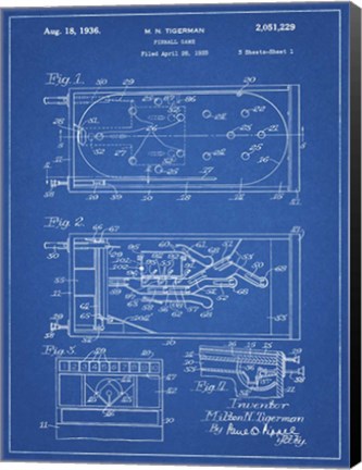 Framed Blueprint Pin Ball Machine Patent Print