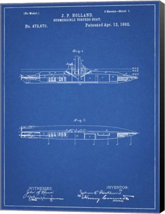 Framed Blueprint Holland Submarine Patent Print