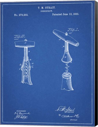 Framed Blueprint Corkscrew 1883 Patent Print