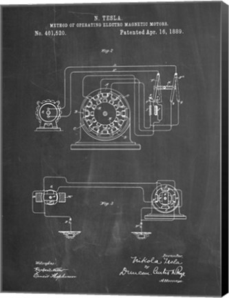 Framed Chalkboard Tesla Operating Electric Motors Map Patent Print
