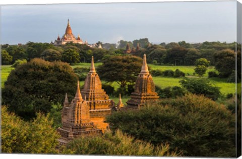 Framed Ancient Temple and Pagoda at Sunrise, Bagan, Mandalay Region, Myanmar Print