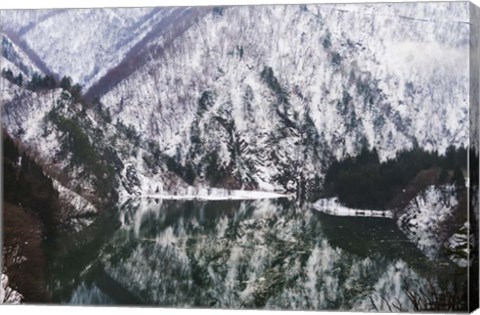 Framed Reflection of Mountain Covered with Snow in the Lake, Japan Print