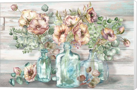 Framed Blush Poppies and Eucalyptus in bottles landscape Print