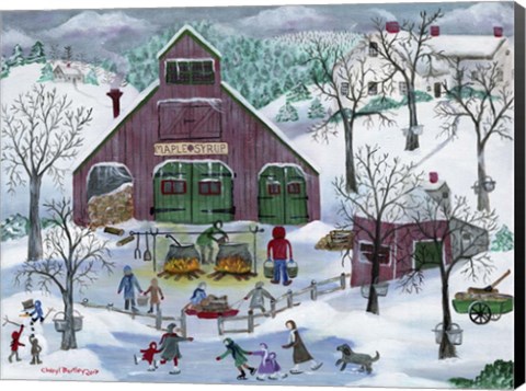 Framed Snowy Maple Syrup Makers and Ice Skaters Print