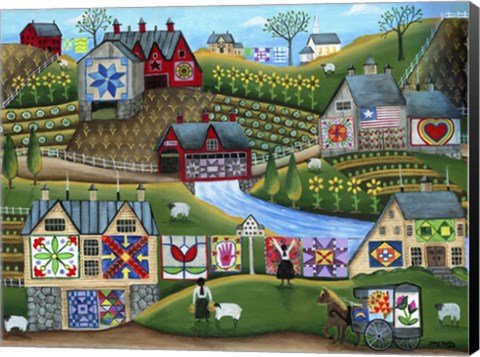 Framed Country Harvest Folk Art Quilt Farms Print
