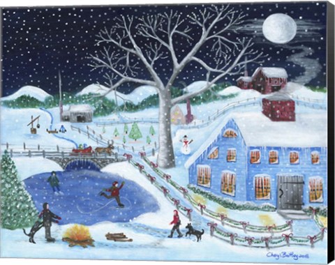Framed Ice Skating By Old Farm Print