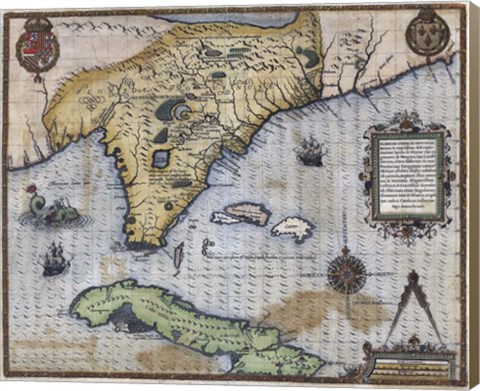 Framed French Map Of Florida - Floridae Americae Provinciae 1564 Print