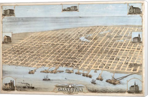 Framed Map Of Galveston Texas 1871 Print