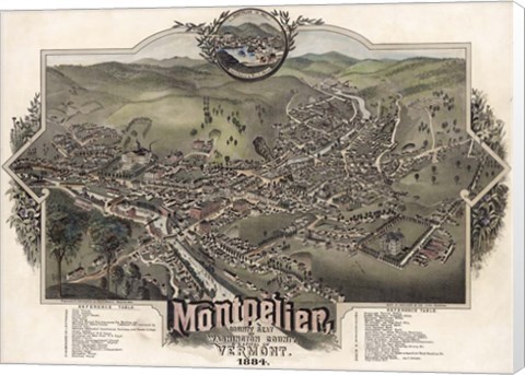 Framed Map Of Montpelier Vt With Reference Table 1884 Print
