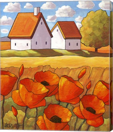 Framed Red Flower Fields Landscape Print