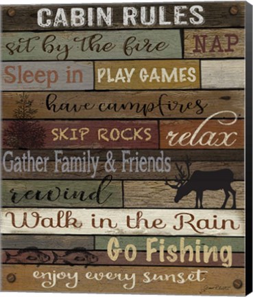 Framed Cabin Rules On Wood Print