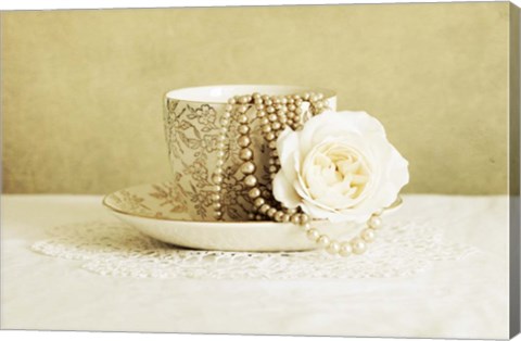 Framed Antique Cup and Saucer with White Flower and Pearls Print