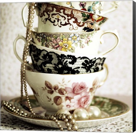 Framed Antique Cups and Saucers with Pearls 1 Print