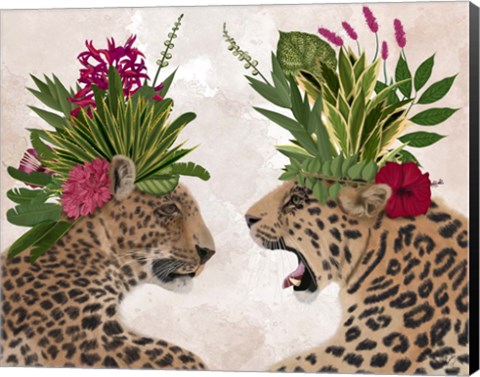 Framed Hot House Leopards, Pair, Pink Green Print