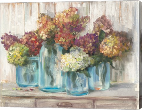 Framed Hydrangeas in Glass Jars White Wood Print