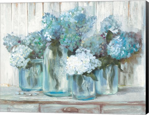 Framed Hydrangeas in Glass Jars Blue Print