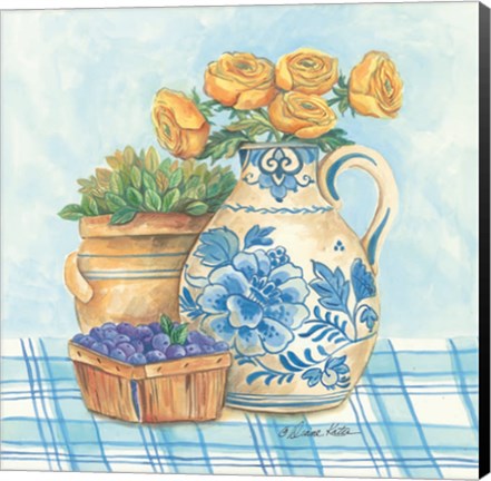 Framed Blue and White Pottery with Flowers II Print