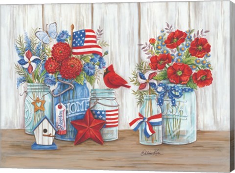 Framed Patriotic Glass Jars with Flowers Print