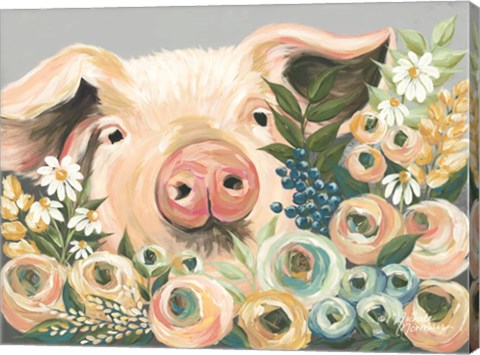 Framed Pig in the Flower Garden Print