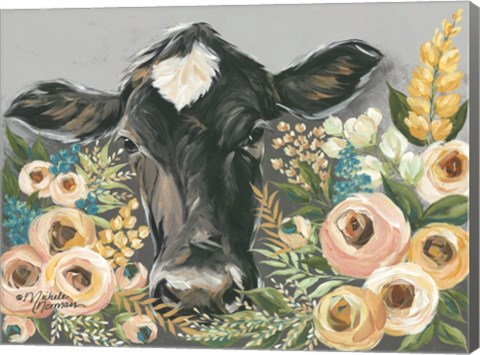 Framed Cow in the Flower Garden Print