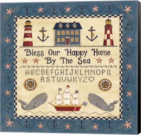 Framed Bless our Happy Home by the Sea Sampler Print