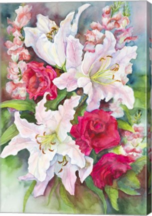 Framed Roses, Lilies and Snapdragons Print