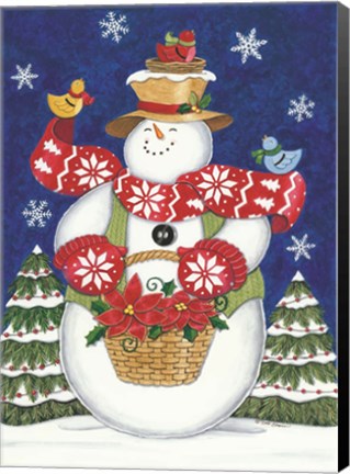 Framed Snowman with Poinsettias Print