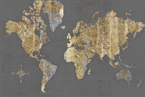 Framed Gilded Map Gray - No Border Print