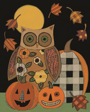 Framed Floral Owl and Pumpkins Print