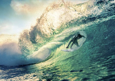 Framed Surfing at Sunset, Australia Print