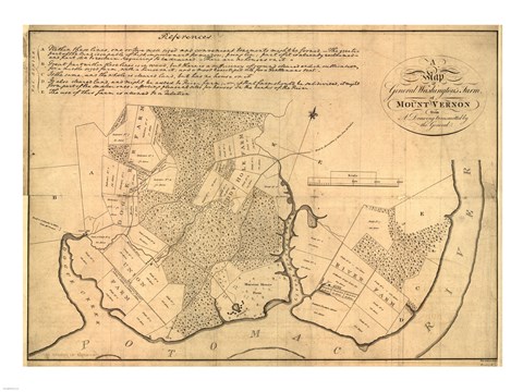 Framed Map of Mt Vernon made by Washington Print